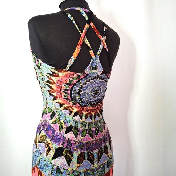 Beachy Mesh Mandala Print Bohemian Long Maxi Beach Boho Dress Semi-sheer Sz M - Picture 11 of 16